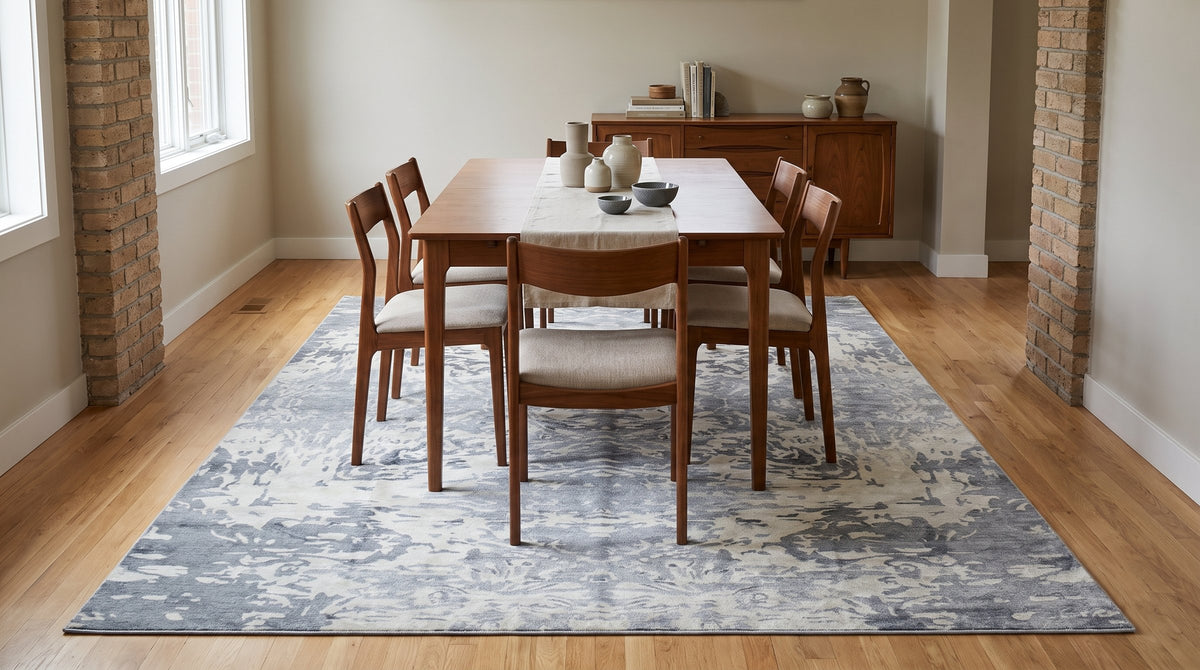 Amara Rhea Ivory Hand Knotted Rug in a dining room
