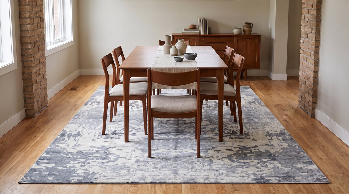 Amara Rhea Ivory Hand Knotted Rug in a dining room