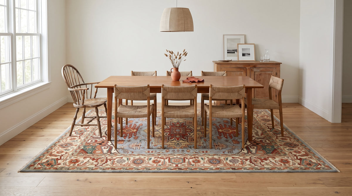 Amara Ruby Blue Hand Knotted Wool Rug in a dining room