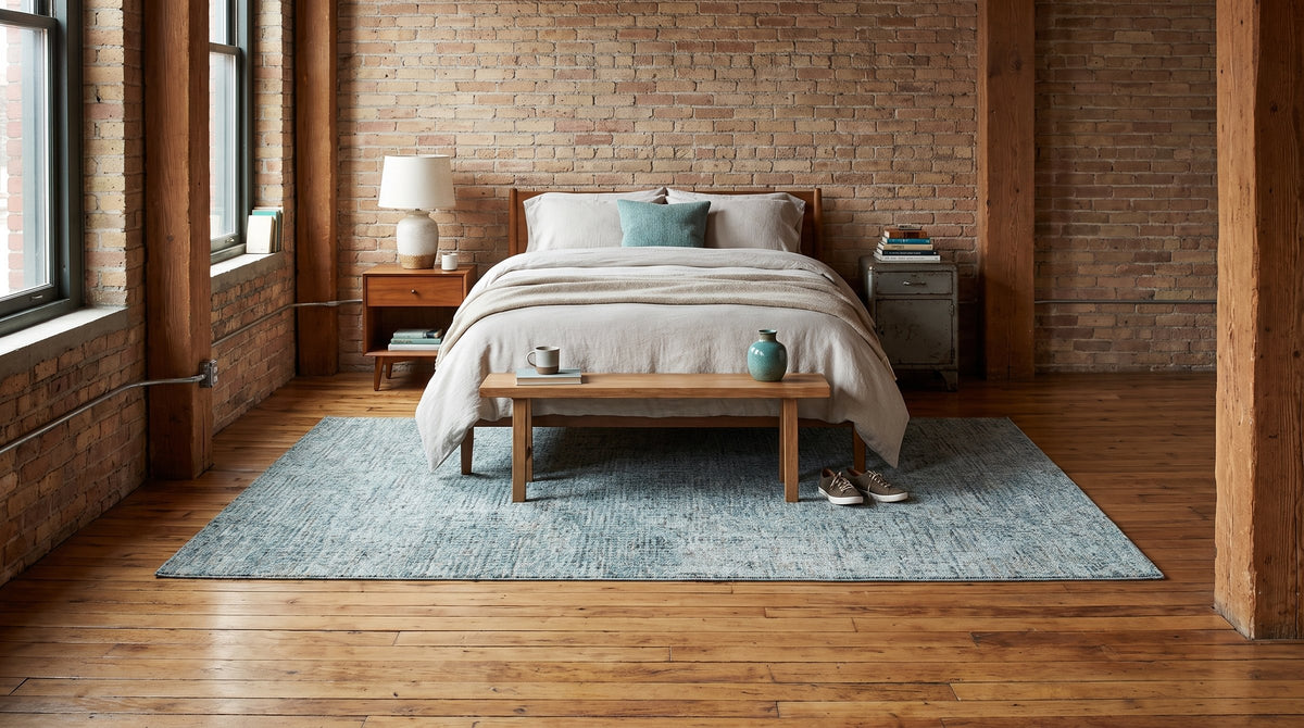 Artisan Stylish Light Green Hand Tufted Wool Rug in a bedroom
