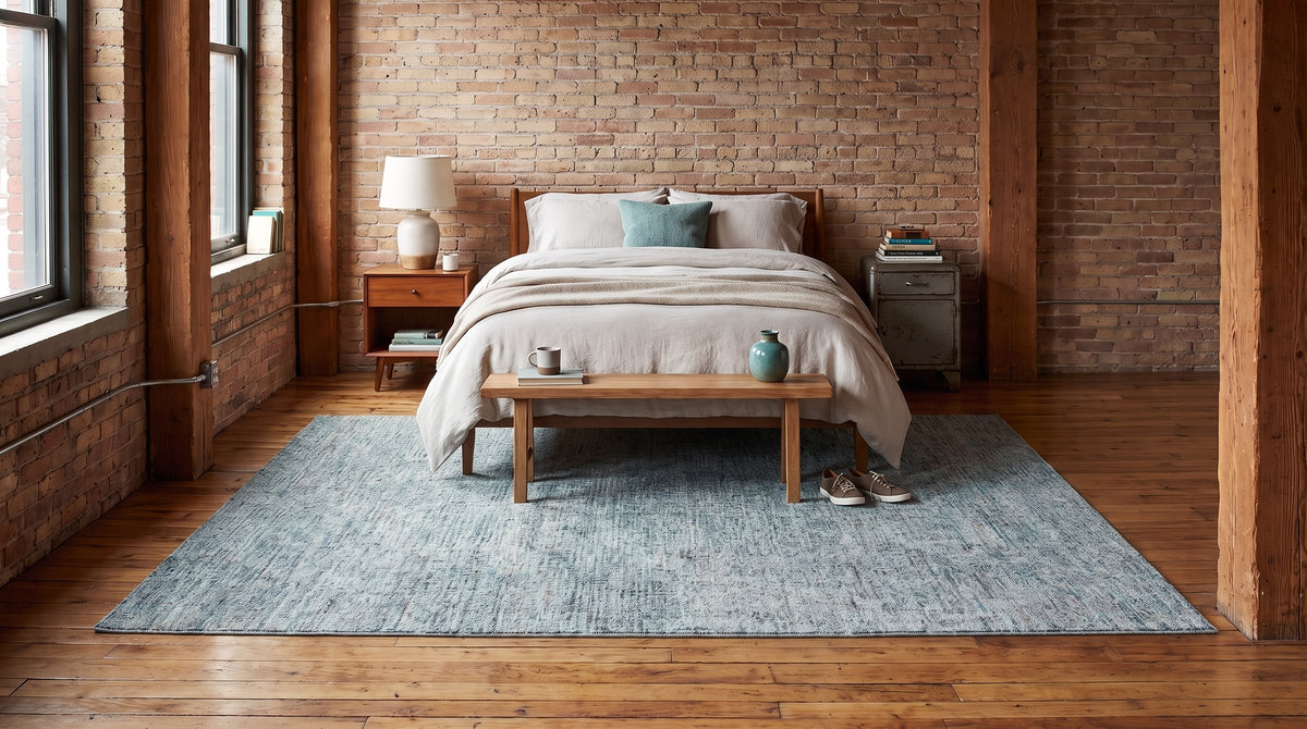 Artisan Stylish Light Green Hand Tufted Wool Rug in a bedroom