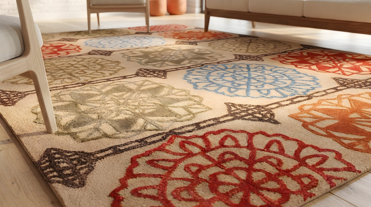 Artistic Sumptuous Beige Hand Tufted Wool Rug in a sunroom