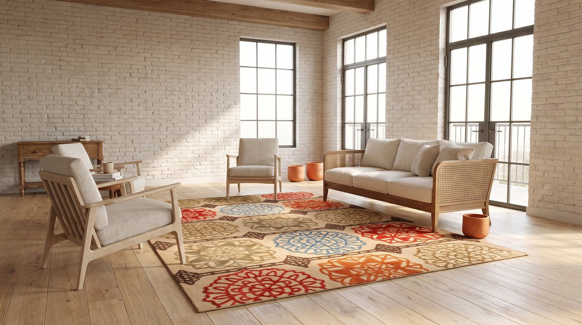 Artistic Sumptuous Beige Hand Tufted Wool Rug in a sunroom
