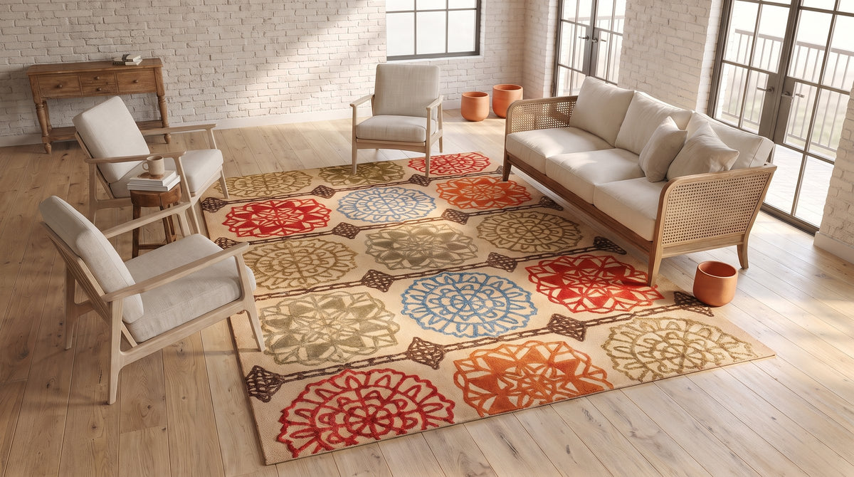 Artistic Sumptuous Beige Hand Tufted Wool Rug in a sunroom