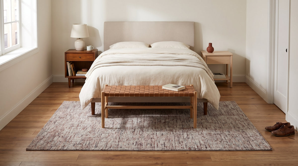 Ava Enchanting Beige Hand Tufted Wool Rug in a bedroom