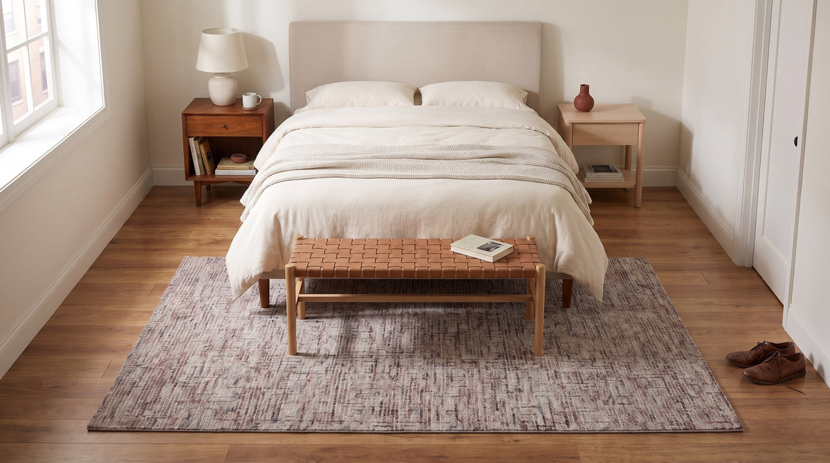 Ava Enchanting Beige Hand Tufted Wool Rug in a bedroom