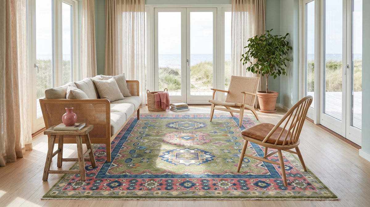 Ava Kazak Light Green Hand Knotted Wool Rug in a sunroom