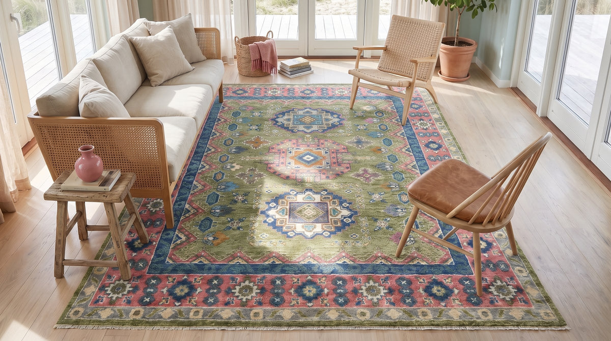 Ava Kazak Light Green Hand Knotted Wool Rug in a sunroom