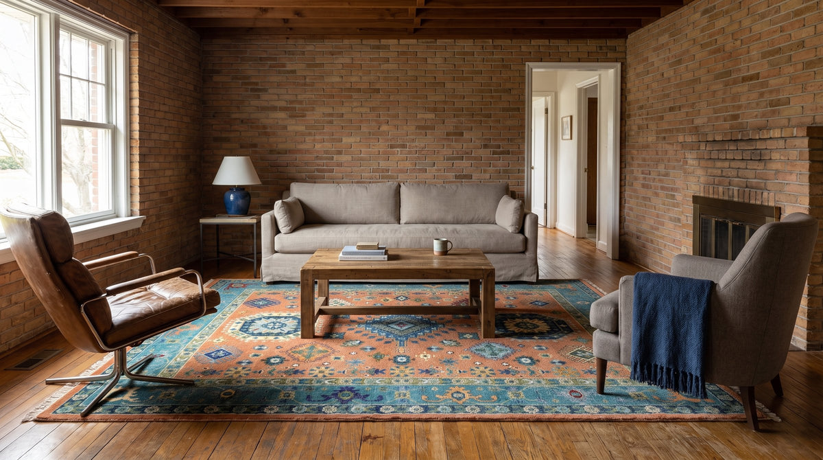 Ava Kazak Rust Hand Knotted Wool Rug in a living room