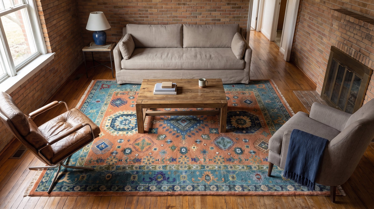 Ava Kazak Rust Hand Knotted Wool Rug in a living room