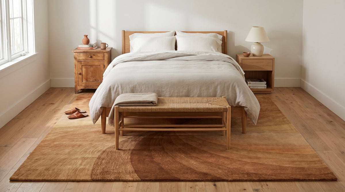 Ava Trendy Light Brown Hand Tufted Wool Rug in a bedroom