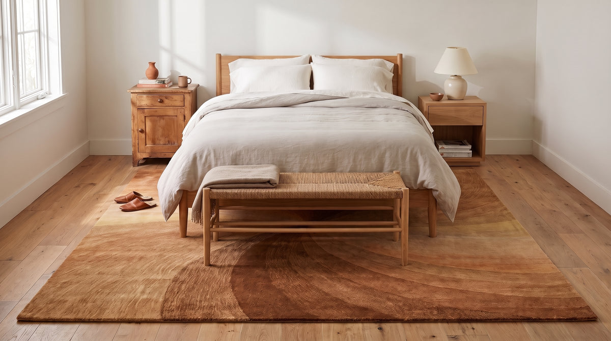 Ava Trendy Light Brown Hand Tufted Wool Rug in a bedroom