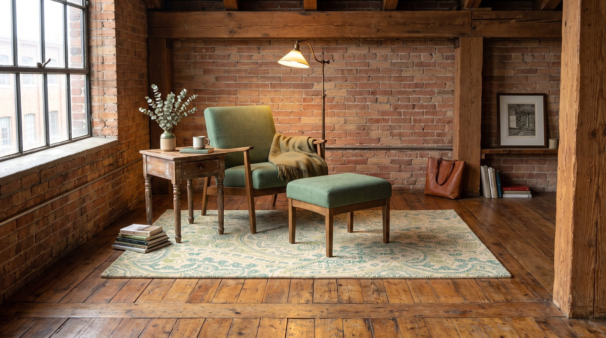 Beautiful Alluring Green Hand Tufted Wool Rug in a reading nook