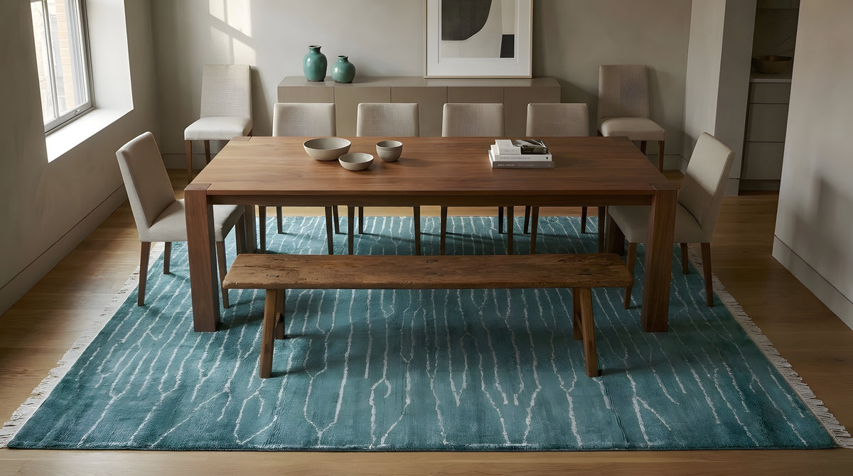 Beautiful Celia Green Hand Knotted Wool Rug in a dining room