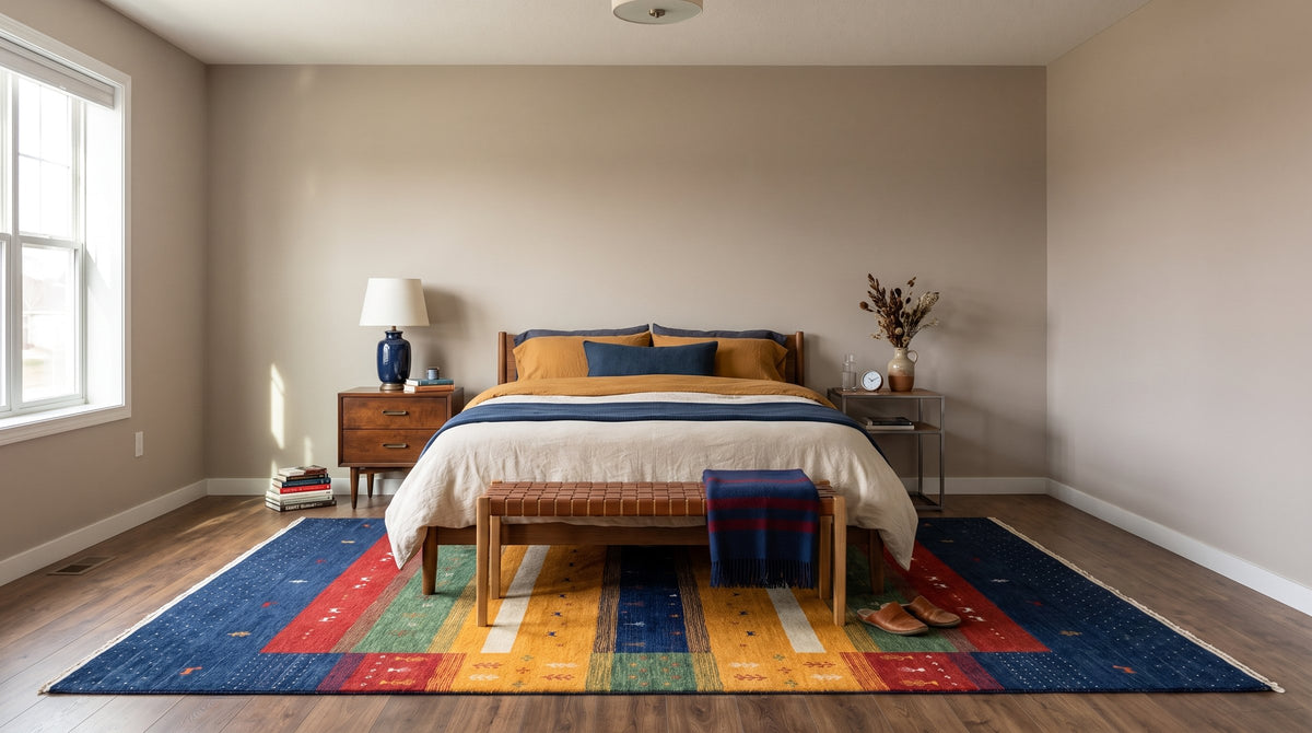 Beautiful Gabbeh Navy Handmade Wool Rug in a bedroom