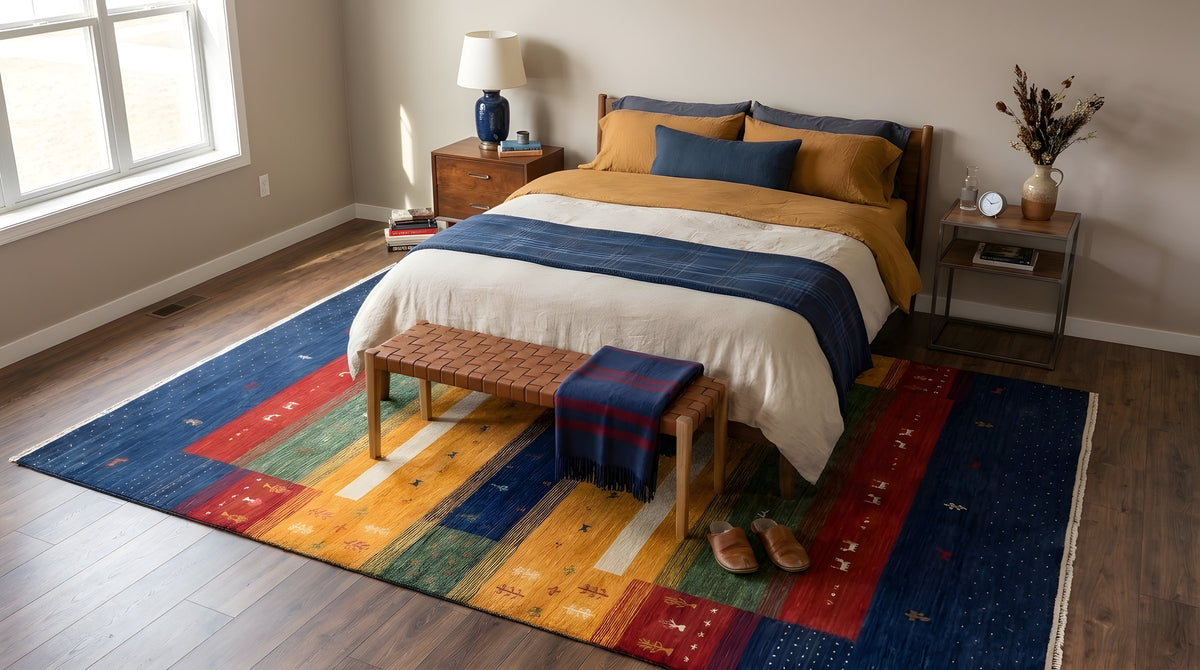 Beautiful Gabbeh Navy Handmade Wool Rug in a bedroom