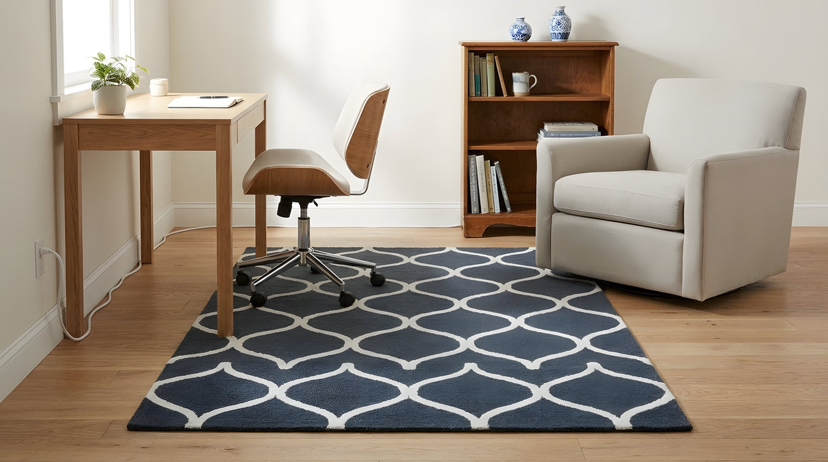 Beautiful Luna Black Hand Tufted Wool Rug in a home office
