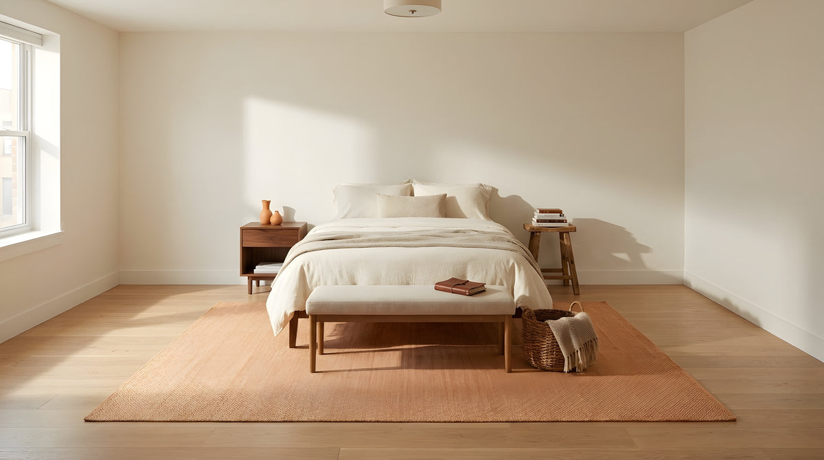 Beautiful Trellis Orange Hand Tufted Wool Rug in a bedroom