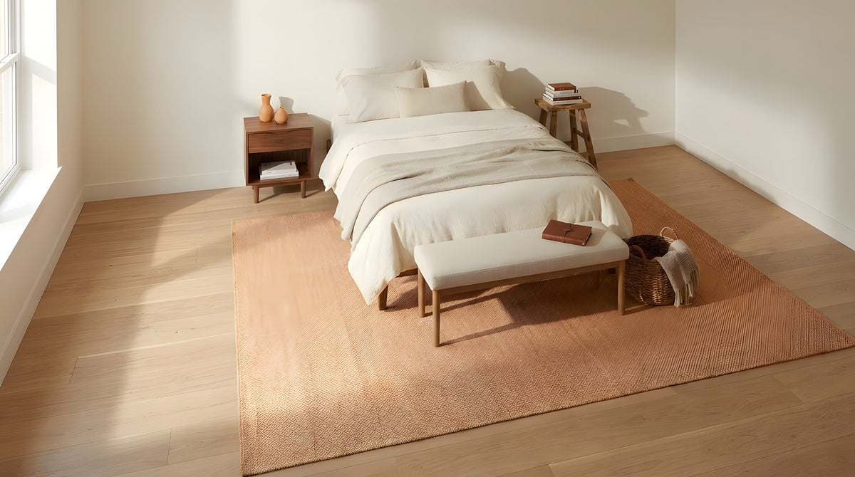 Beautiful Trellis Orange Hand Tufted Wool Rug in a bedroom