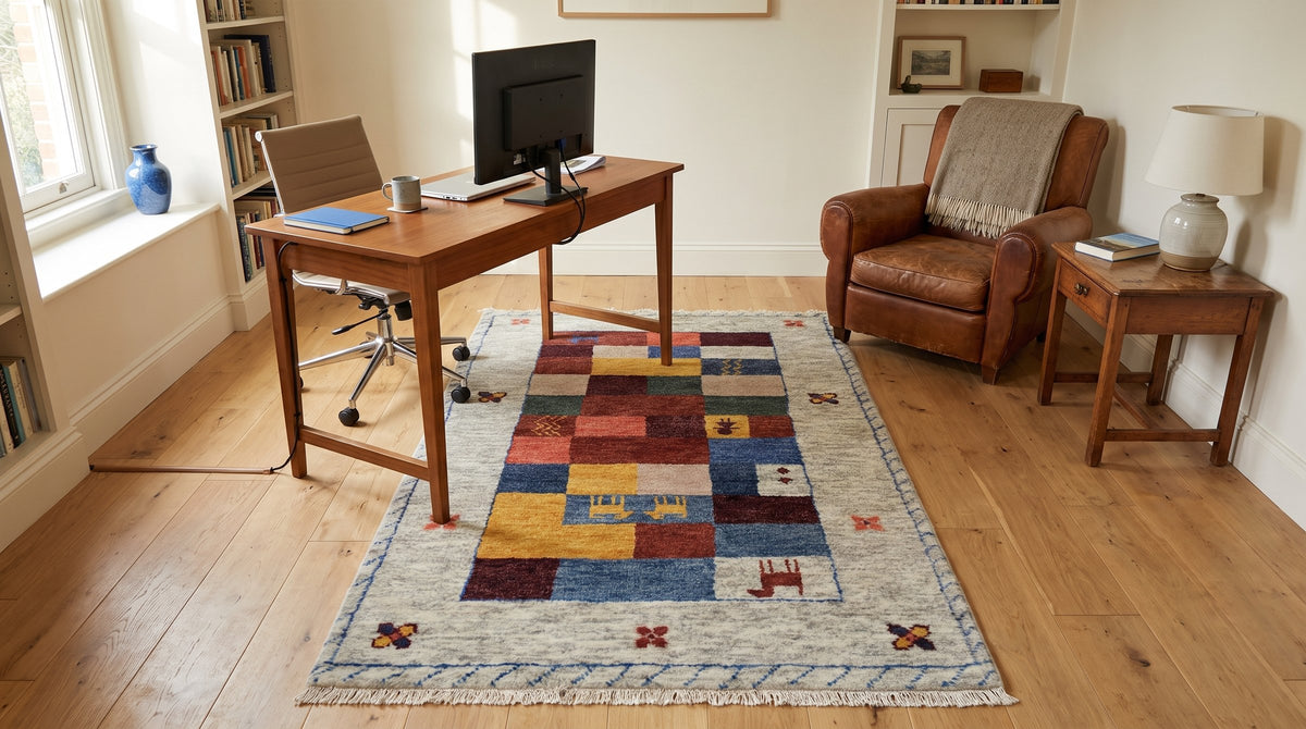 Beige & Multicolor Patchwork Rug in a home office