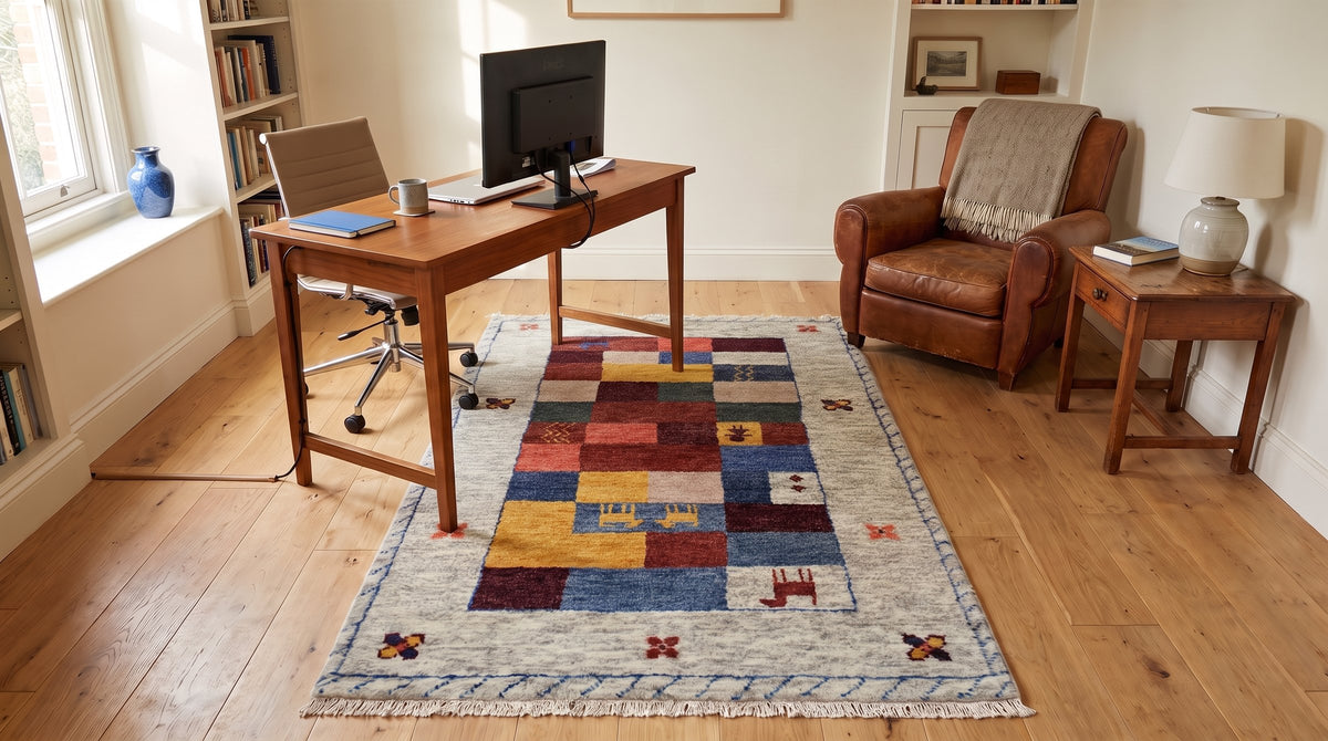 Beige & Multicolor Patchwork Rug in a home office