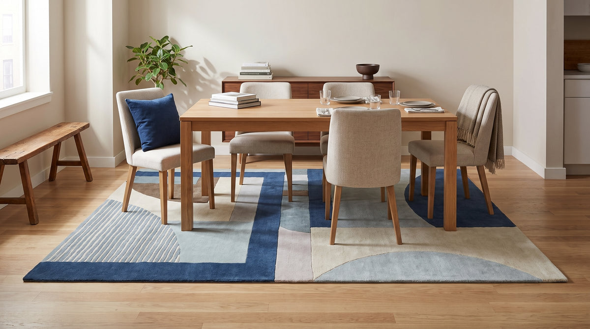 Bespoke Iris Multicolor Hand Tufted Wool Rug in a dining room