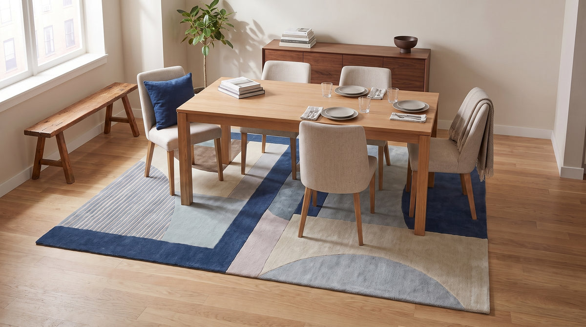 Bespoke Iris Multicolor Hand Tufted Wool Rug in a dining room