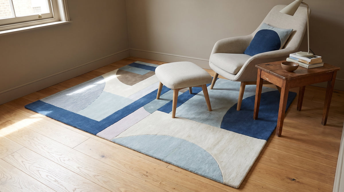 Bespoke Iris Multicolor Hand Tufted Wool Rug in a reading nook