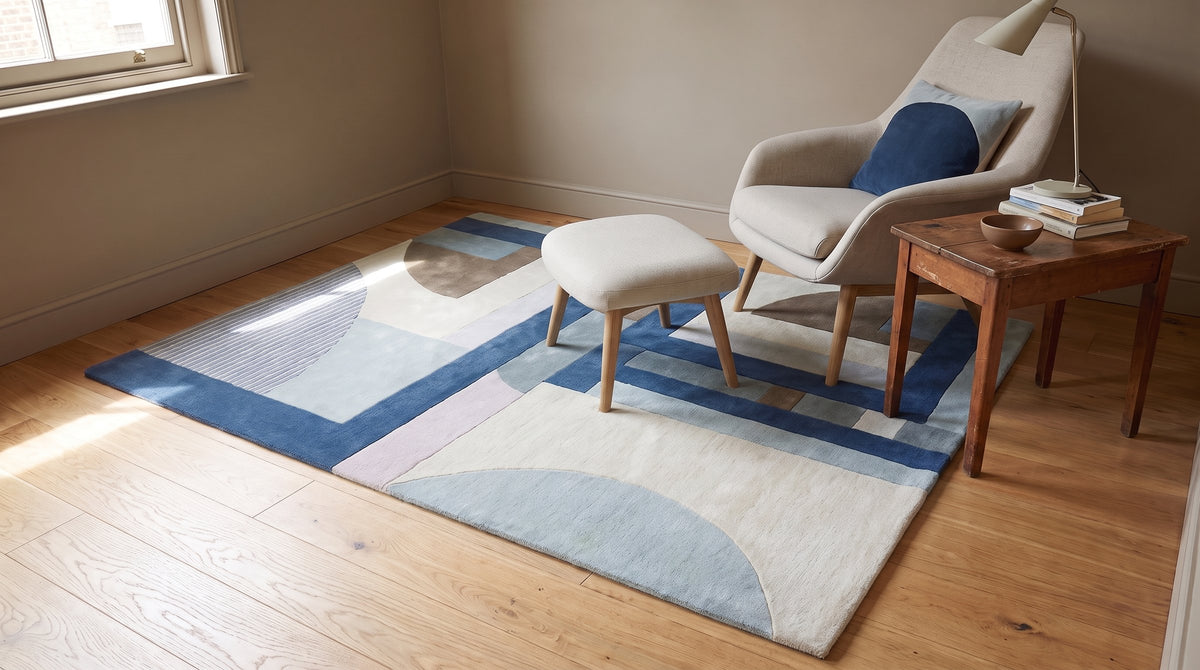 Bespoke Iris Multicolor Hand Tufted Wool Rug in a reading nook