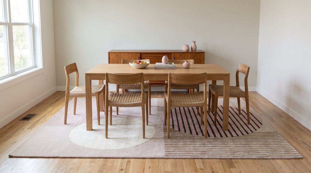 Bespoke Versatile Pink and Gray Hand Tufted Wool Rug in a dining room
