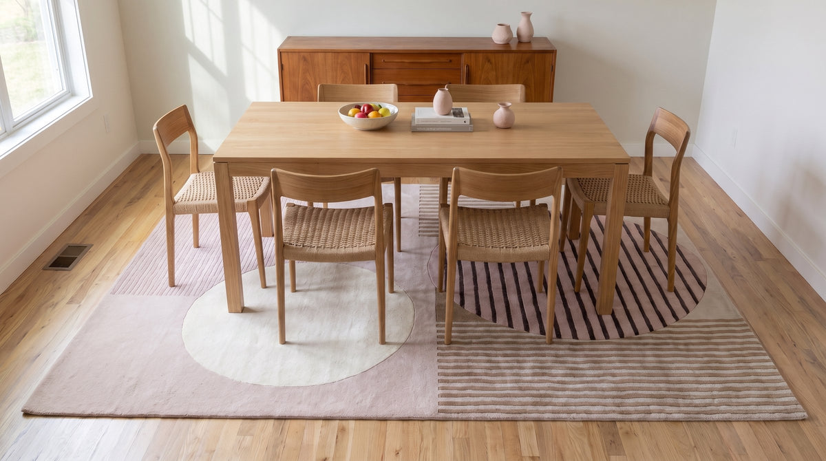 Bespoke Versatile Pink and Gray Hand Tufted Wool Rug in a dining room