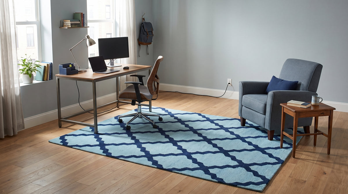 Bianca Trellis Sea Blue Hand Tufted Wool Rug in a home office