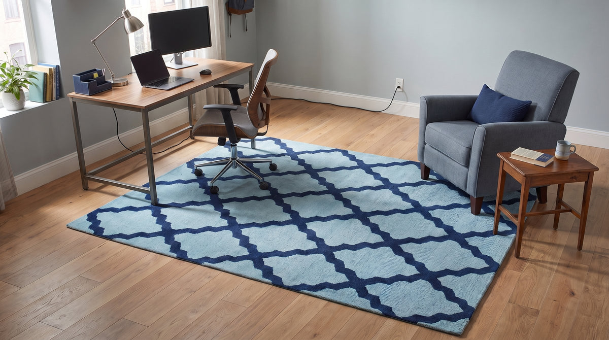 Bianca Trellis Sea Blue Hand Tufted Wool Rug in a home office