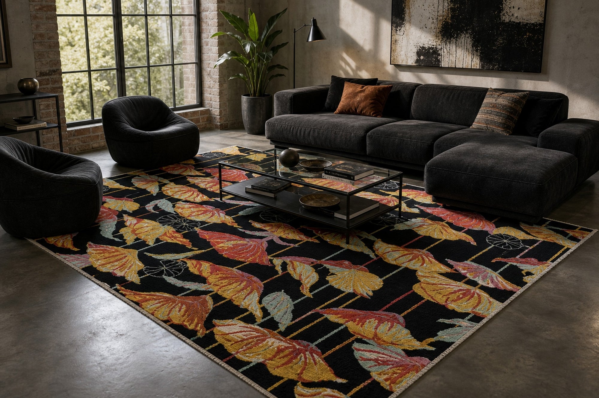 Black floral contemporary rug styled in a modern living room