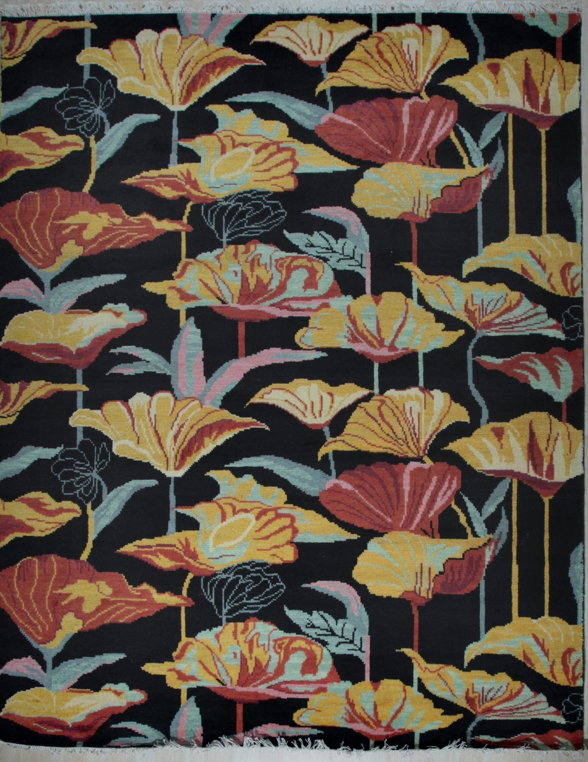 Black contemporary Art Nouveau floral hand-knotted wool area rug, full overhead view