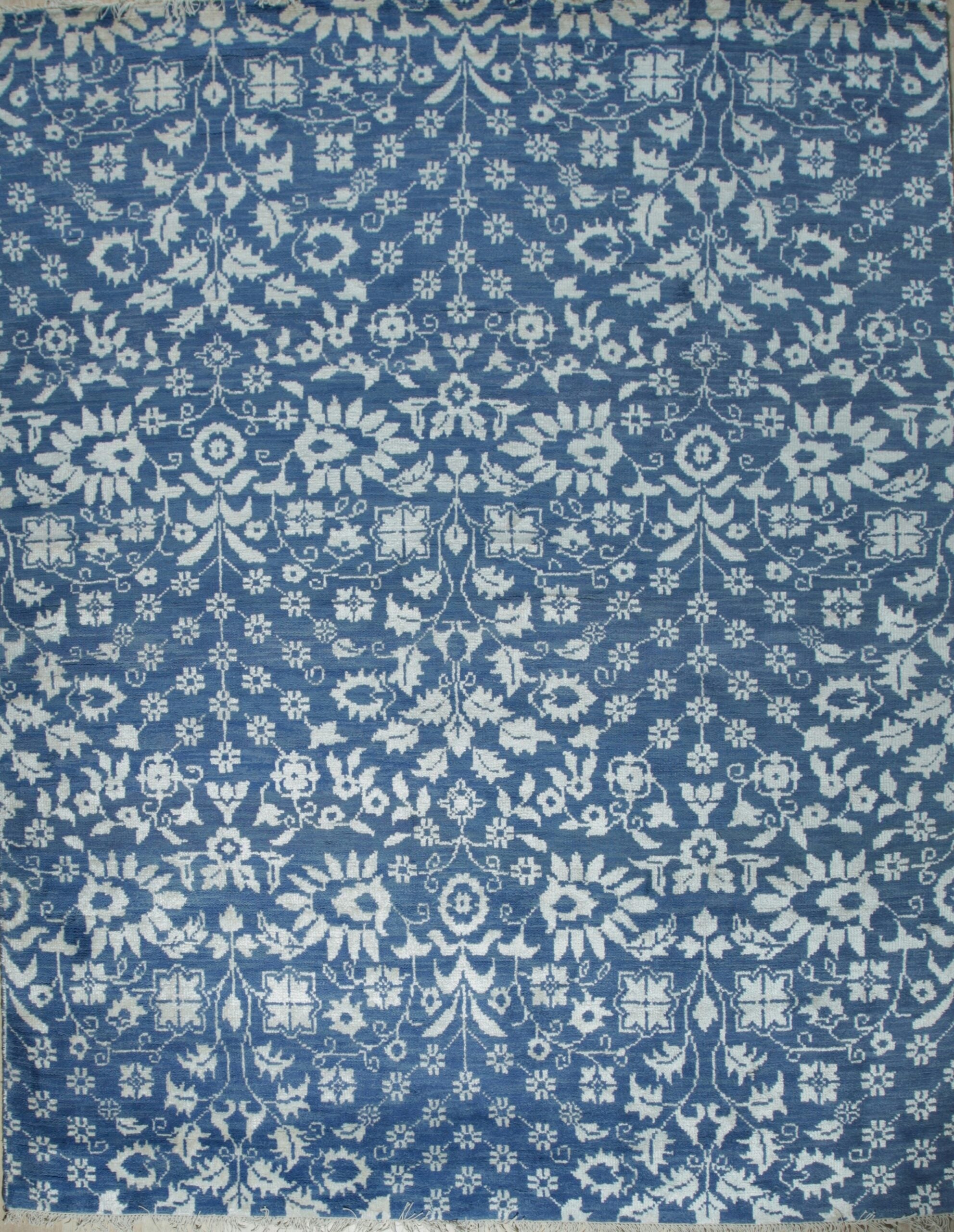 Blue and ivory Oushak floral hand-knotted wool area rug, full overhead view