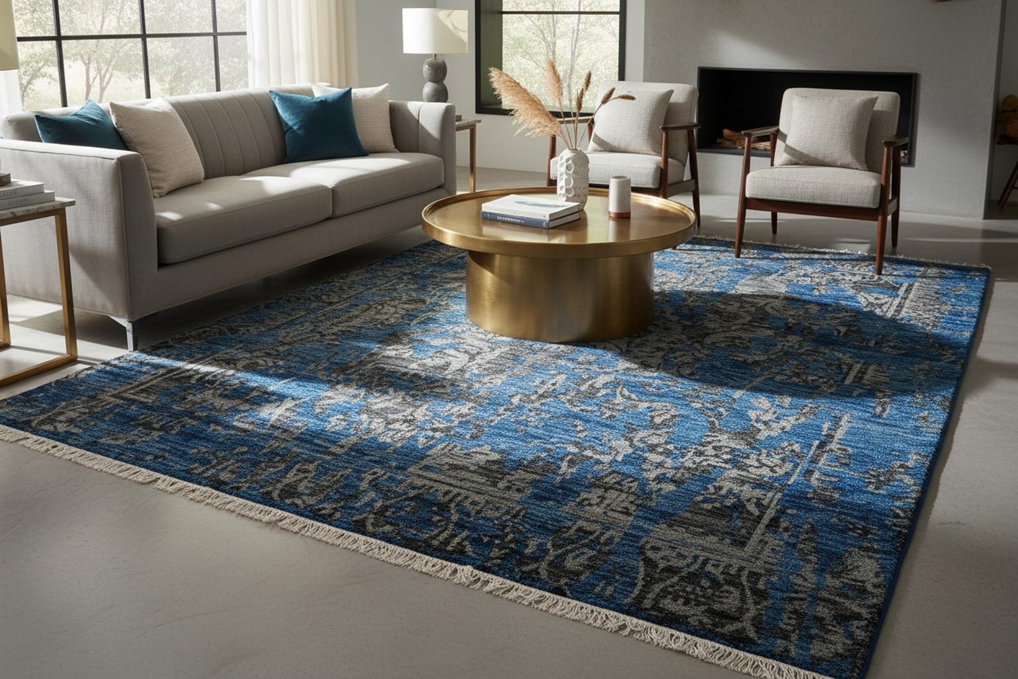 Blue modern floral hand-knotted wool and bamboo silk rug MR6907BL styled in a room, overhead view
