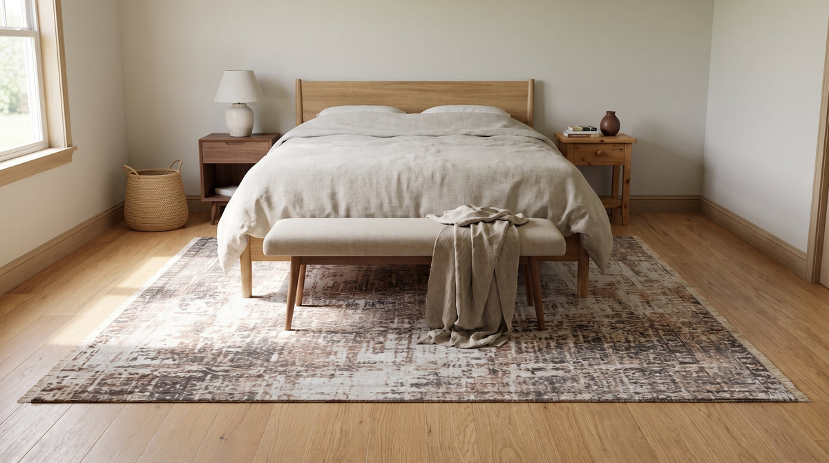 Brenda Isla Gray and Copper Hand Knotted Wool Rug in a bedroom