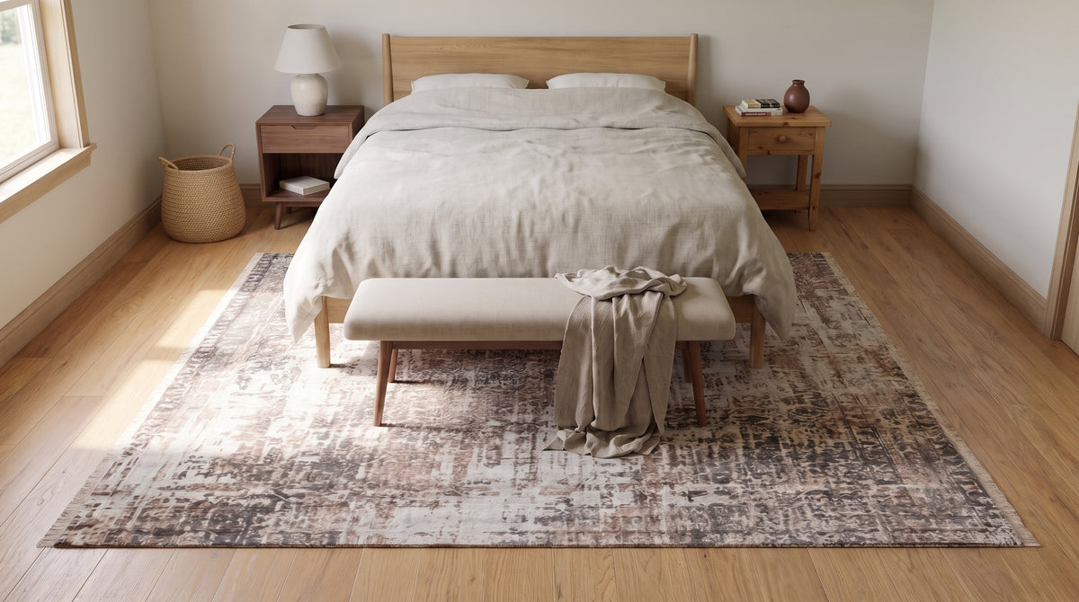 Brenda Isla Gray and Copper Hand Knotted Wool Rug in a bedroom