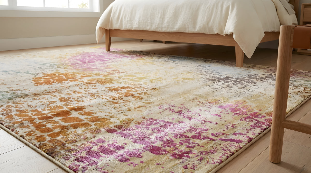 Brenda Lydia Ivory Machine Made Rug in a bedroom