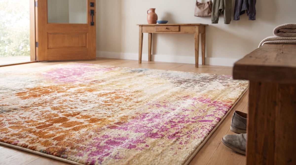 Brenda Lydia Ivory Machine Made Rug in a entryway