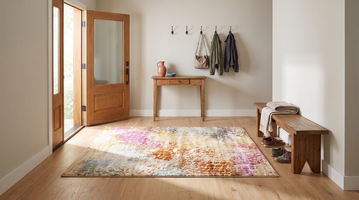 Brenda Lydia Ivory Machine Made Rug in a entryway