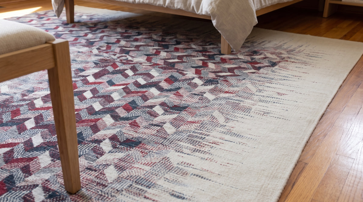 Brenda Refined Multicolor Flatweave Wool Rug in a bedroom