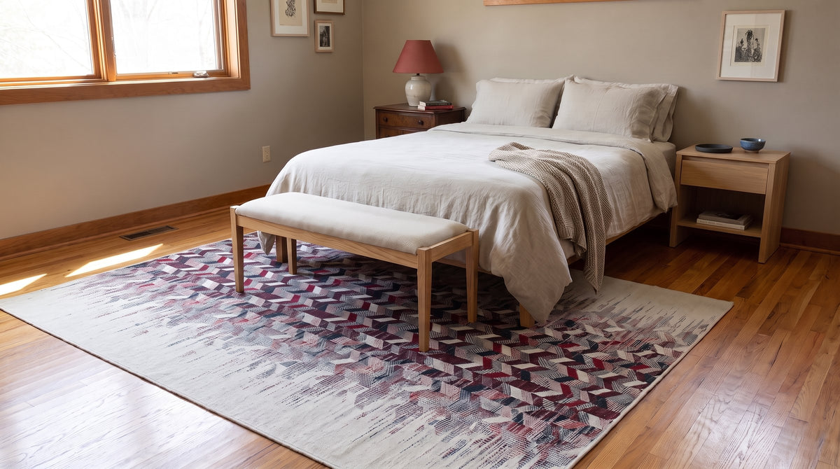 Brenda Refined Multicolor Flatweave Wool Rug in a bedroom
