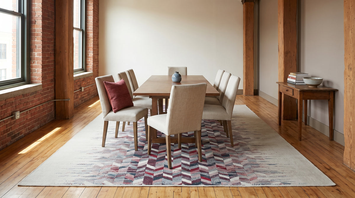 Brenda Refined Multicolor Flatweave Wool Rug in a dining room