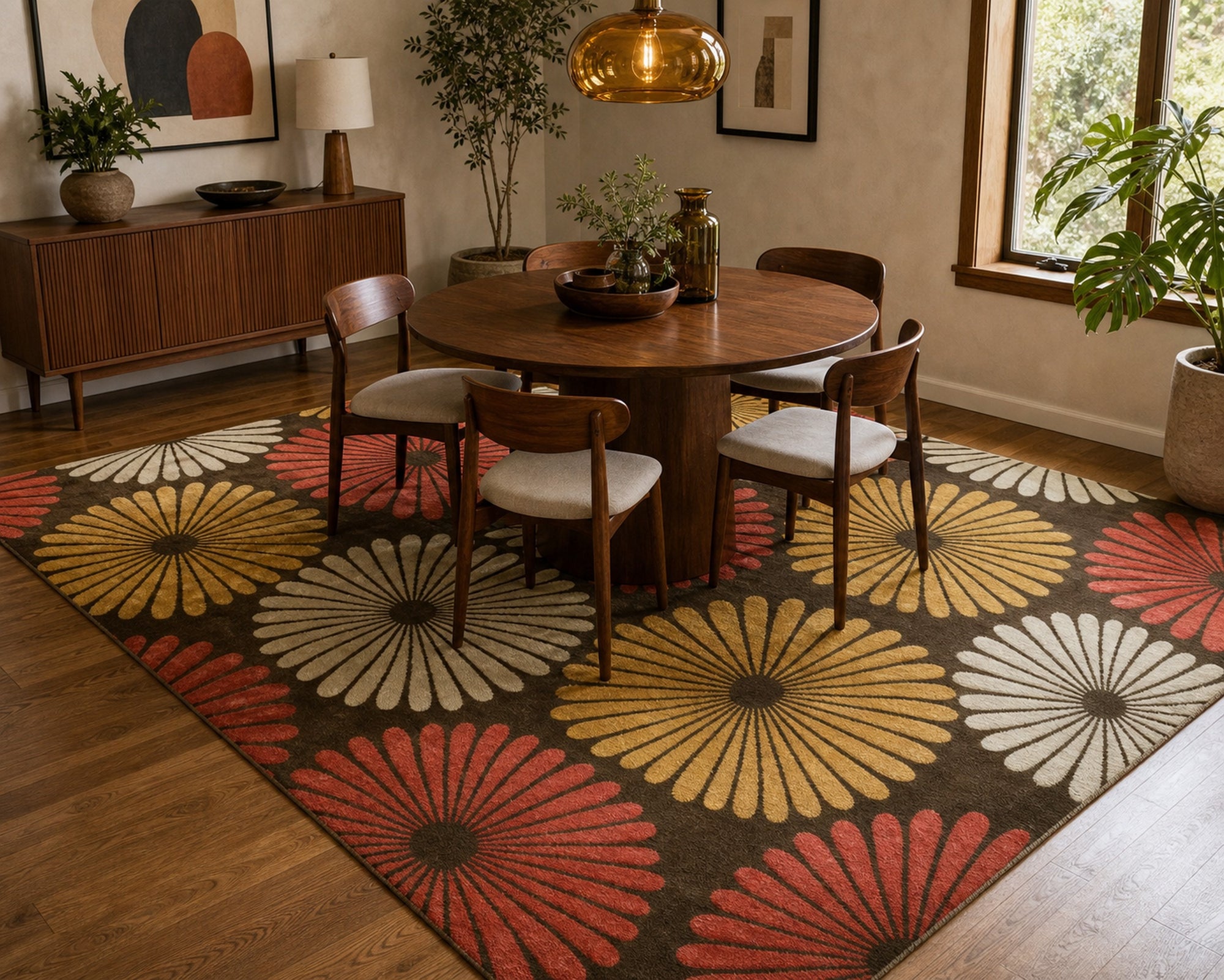 Brown transitional floral rug styled in a mid-century dining room