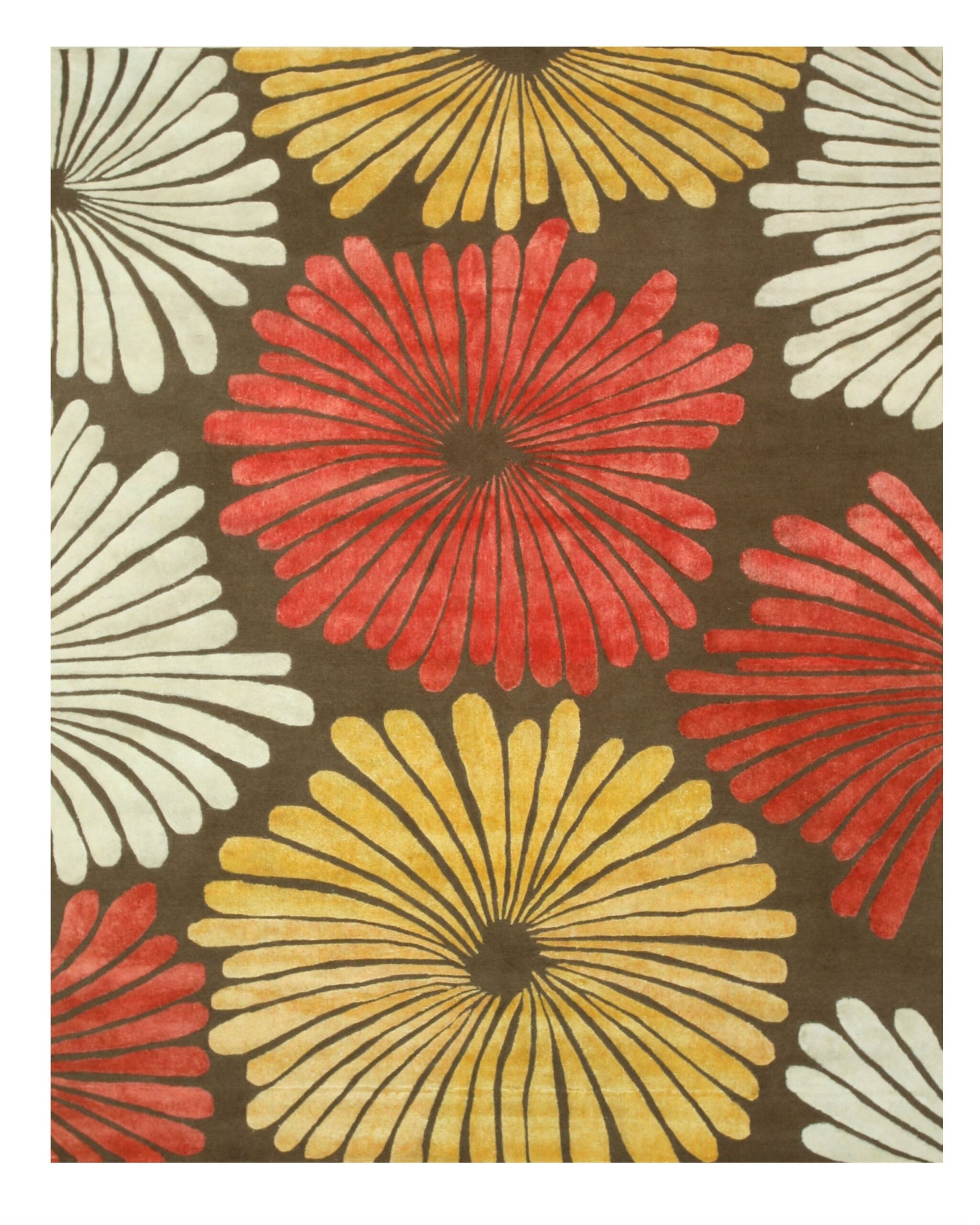 Brown hand-tufted transitional floral wool rug, full overhead view