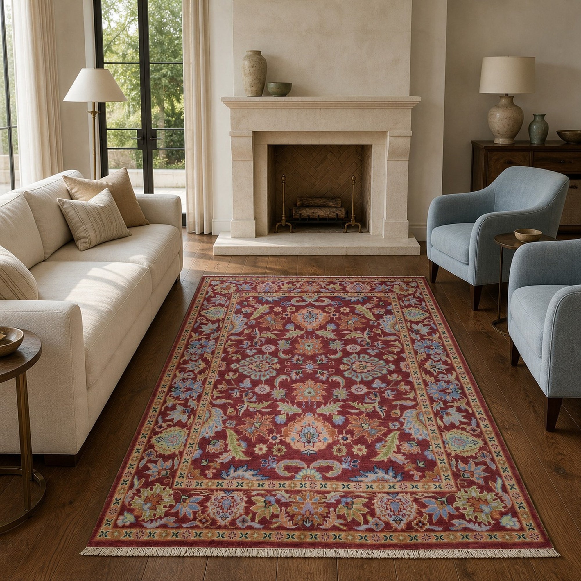 Burgundy Oushak floral rug styled in a living room with fireplace