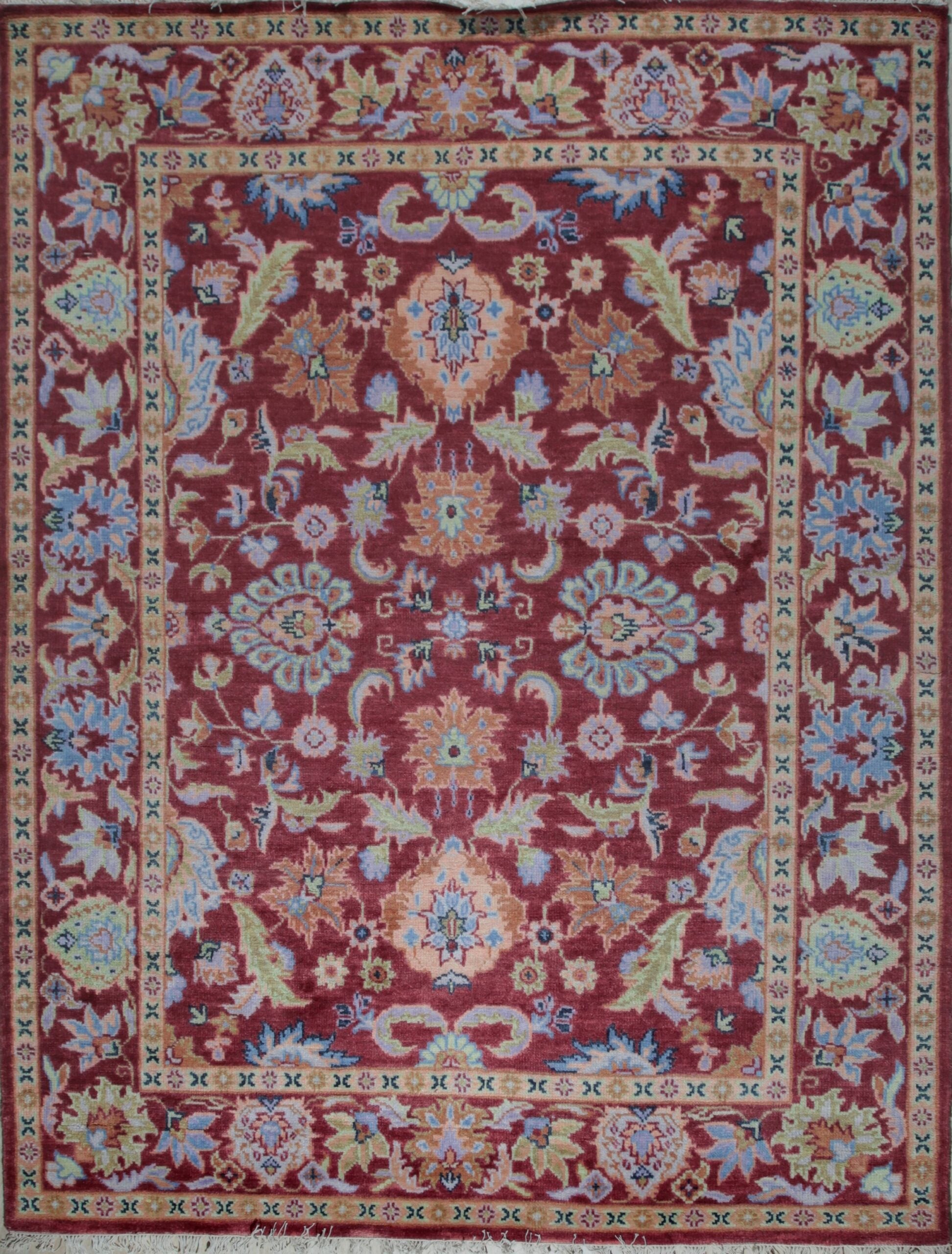 Burgundy Oushak floral hand-knotted wool area rug, full overhead view