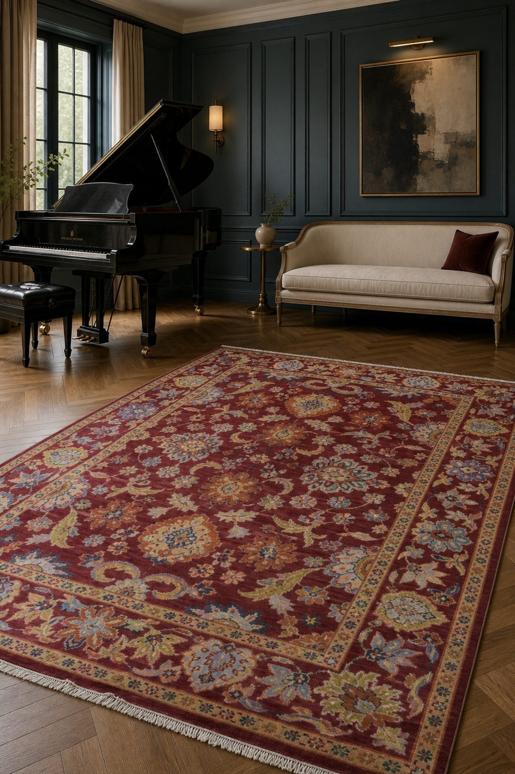 Burgundy Oushak floral rug styled in an elegant sitting room
